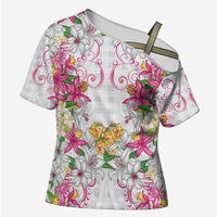 Hawaii Palaka Cross Shoulder Shirt White Tribal Pattern With Tropical Flowers LT05 Female White - Polynesian Pride