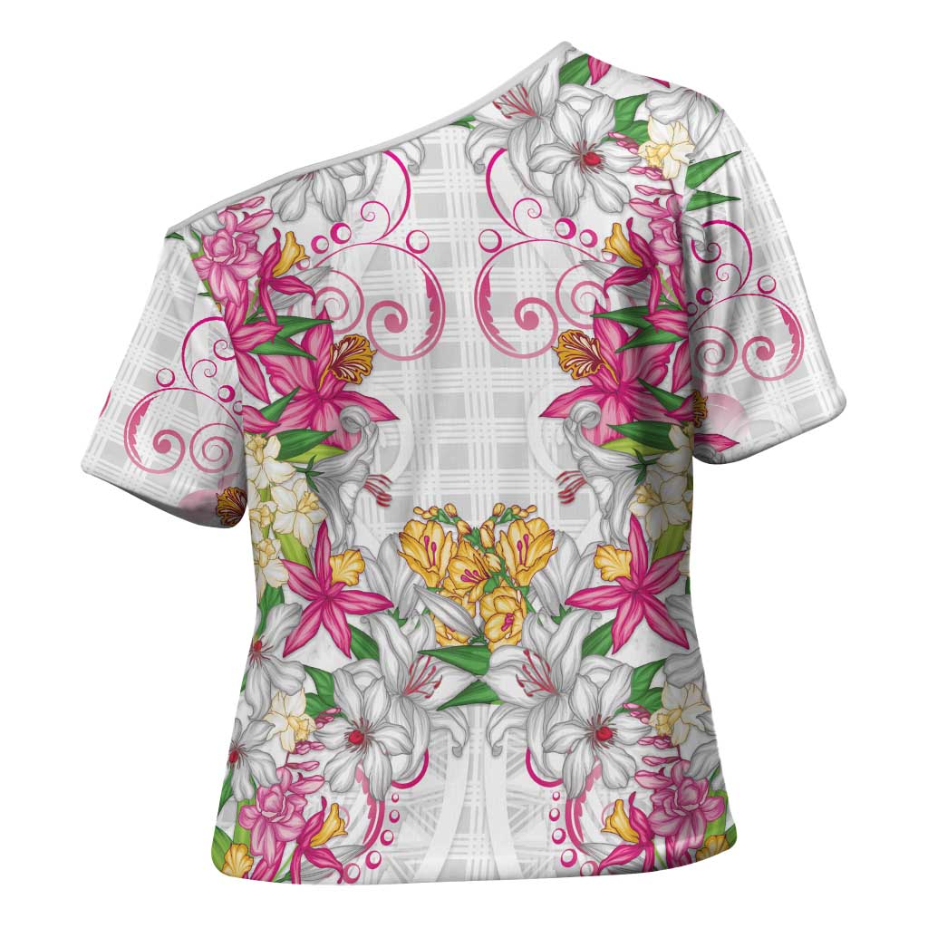 Hawaii Palaka Cross Shoulder Shirt White Tribal Pattern With Tropical Flowers LT05 - Polynesian Pride