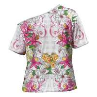 Hawaii Palaka Cross Shoulder Shirt White Tribal Pattern With Tropical Flowers LT05 - Polynesian Pride