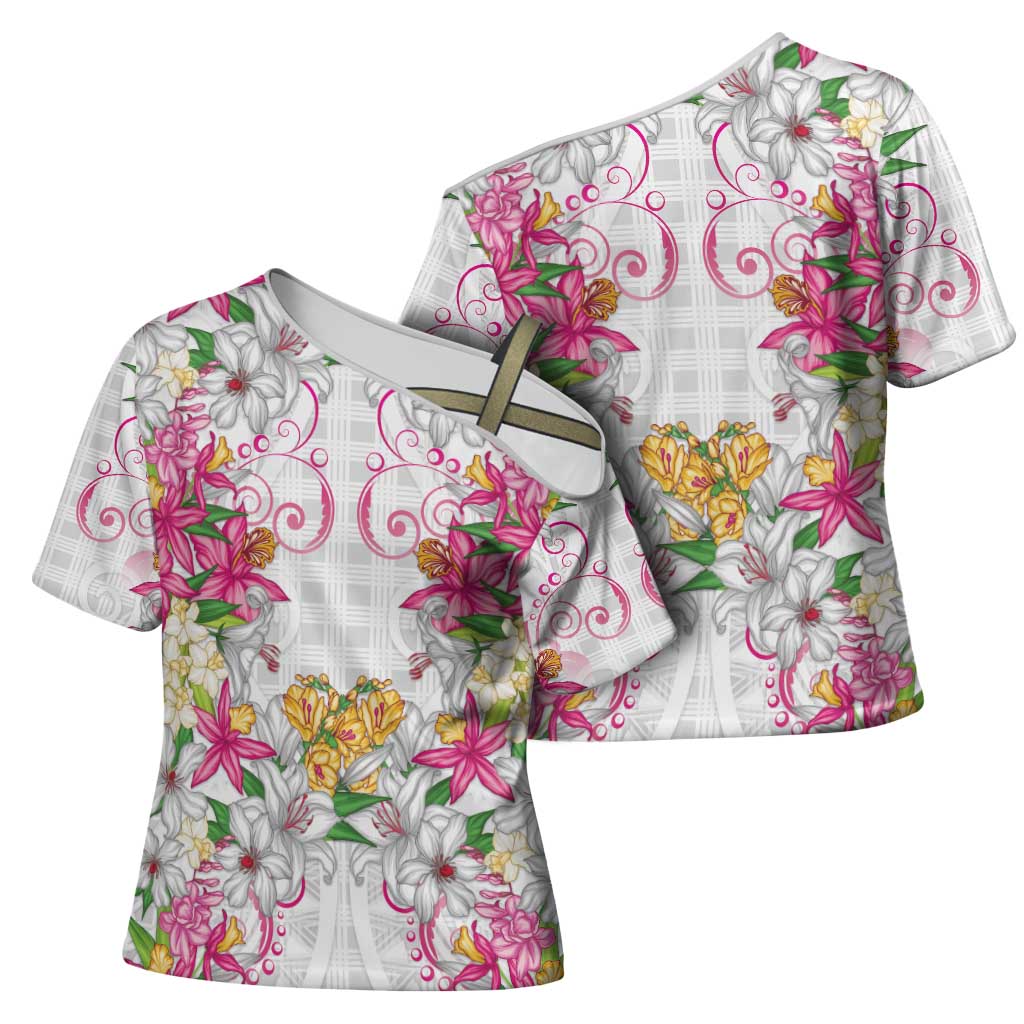 Hawaii Palaka Cross Shoulder Shirt White Tribal Pattern With Tropical Flowers LT05 - Polynesian Pride