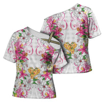 Hawaii Palaka Cross Shoulder Shirt White Tribal Pattern With Tropical Flowers LT05 - Polynesian Pride
