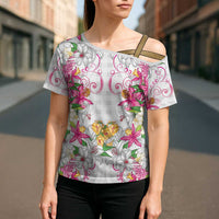 Hawaii Palaka Cross Shoulder Shirt White Tribal Pattern With Tropical Flowers LT05 - Polynesian Pride