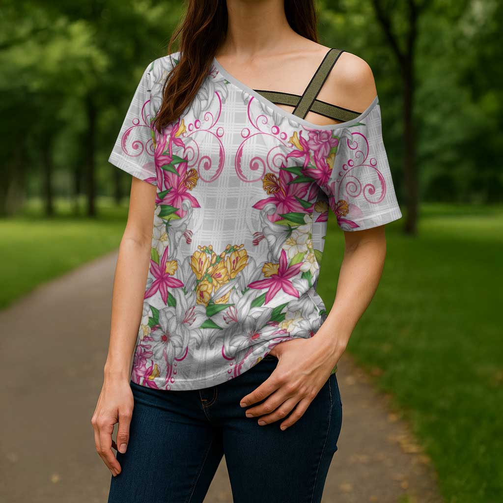 Hawaii Palaka Cross Shoulder Shirt White Tribal Pattern With Tropical Flowers LT05 - Polynesian Pride