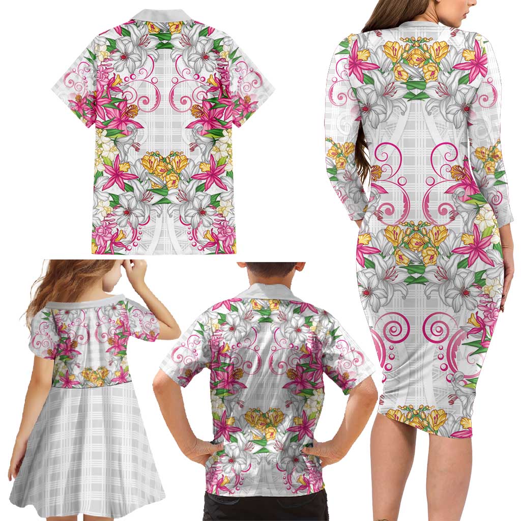 Hawaii Palaka Family Matching Long Sleeve Bodycon Dress and Hawaiian Shirt White Tribal Pattern With Tropical Flowers LT05 - Polynesian Pride
