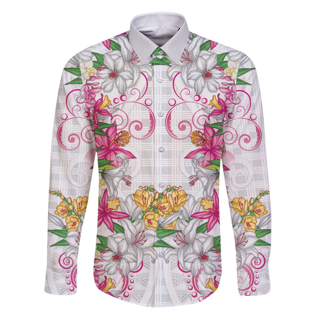 Hawaii Palaka Family Matching Long Sleeve Bodycon Dress and Hawaiian Shirt White Tribal Pattern With Tropical Flowers LT05 Dad's Shirt - Long Sleeve White - Polynesian Pride