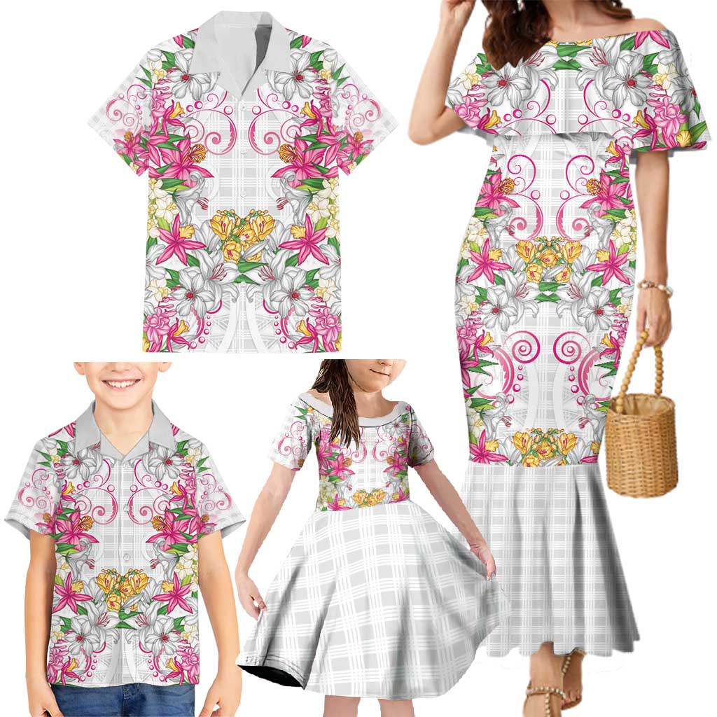 Hawaii Palaka Family Matching Mermaid Dress and Hawaiian Shirt White Tribal Pattern With Tropical Flowers LT05 - Polynesian Pride