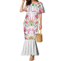 Hawaii Palaka Family Matching Mermaid Dress and Hawaiian Shirt White Tribal Pattern With Tropical Flowers LT05 Mom's Dress White - Polynesian Pride