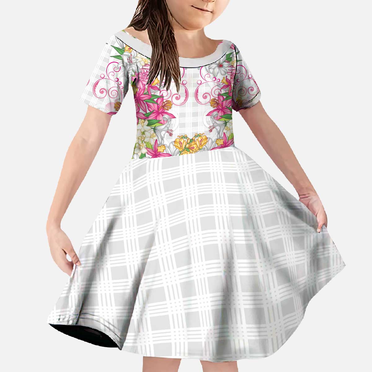 Hawaii Palaka Family Matching Off The Shoulder Long Sleeve Dress and Hawaiian Shirt White Tribal Pattern With Tropical Flowers LT05 Daughter's Dress White - Polynesian Pride
