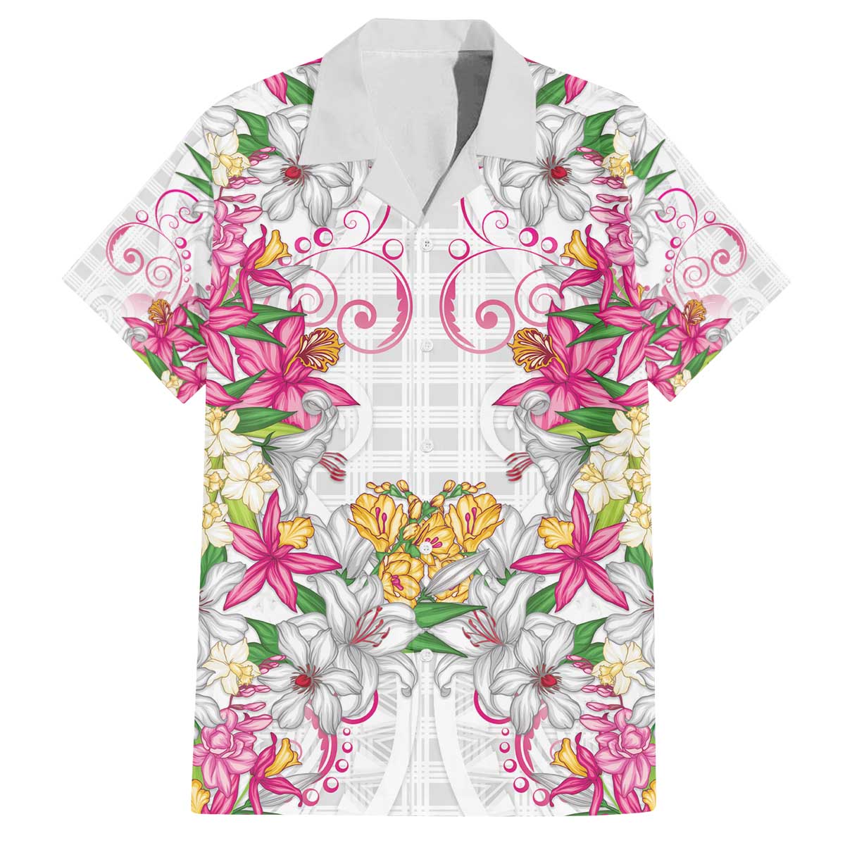 Hawaii Palaka Family Matching Off The Shoulder Long Sleeve Dress and Hawaiian Shirt White Tribal Pattern With Tropical Flowers LT05 Dad's Shirt - Short Sleeve White - Polynesian Pride