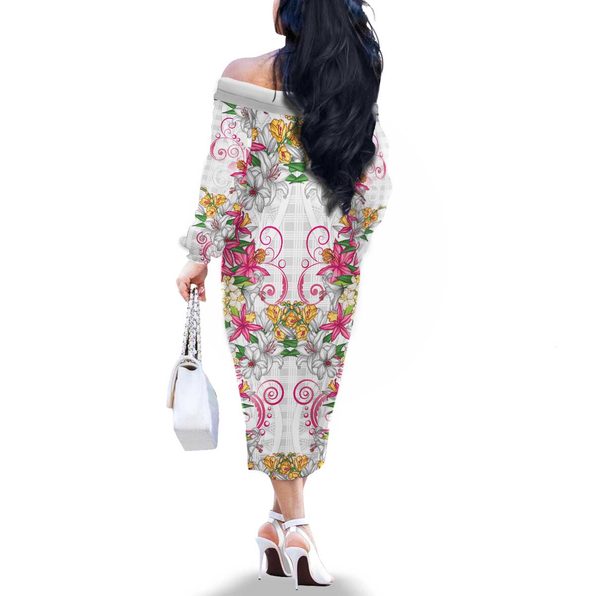 Hawaii Palaka Family Matching Off The Shoulder Long Sleeve Dress and Hawaiian Shirt White Tribal Pattern With Tropical Flowers LT05 - Polynesian Pride