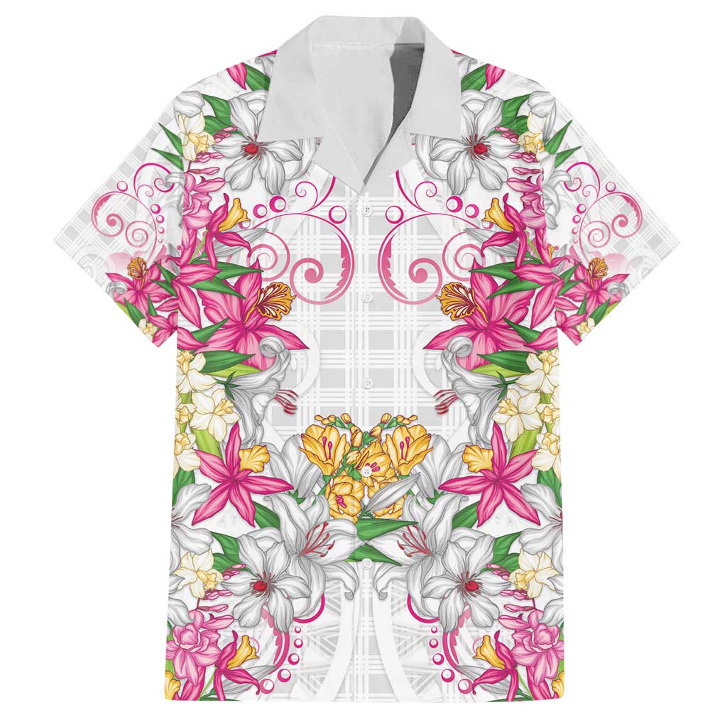 Hawaii Palaka Family Matching Off Shoulder Maxi Dress and Hawaiian Shirt White Tribal Pattern With Tropical Flowers LT05 Dad's Shirt - Short Sleeve White - Polynesian Pride