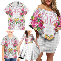 Hawaii Palaka Family Matching Off Shoulder Short Dress and Hawaiian Shirt White Tribal Pattern With Tropical Flowers LT05 - Polynesian Pride