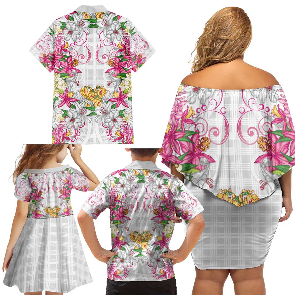 Hawaii Palaka Family Matching Off Shoulder Short Dress and Hawaiian Shirt White Tribal Pattern With Tropical Flowers LT05 - Polynesian Pride