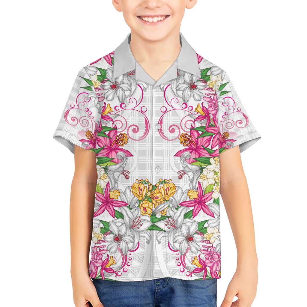 Hawaii Palaka Family Matching Off Shoulder Short Dress and Hawaiian Shirt White Tribal Pattern With Tropical Flowers LT05 Son's Shirt White - Polynesian Pride