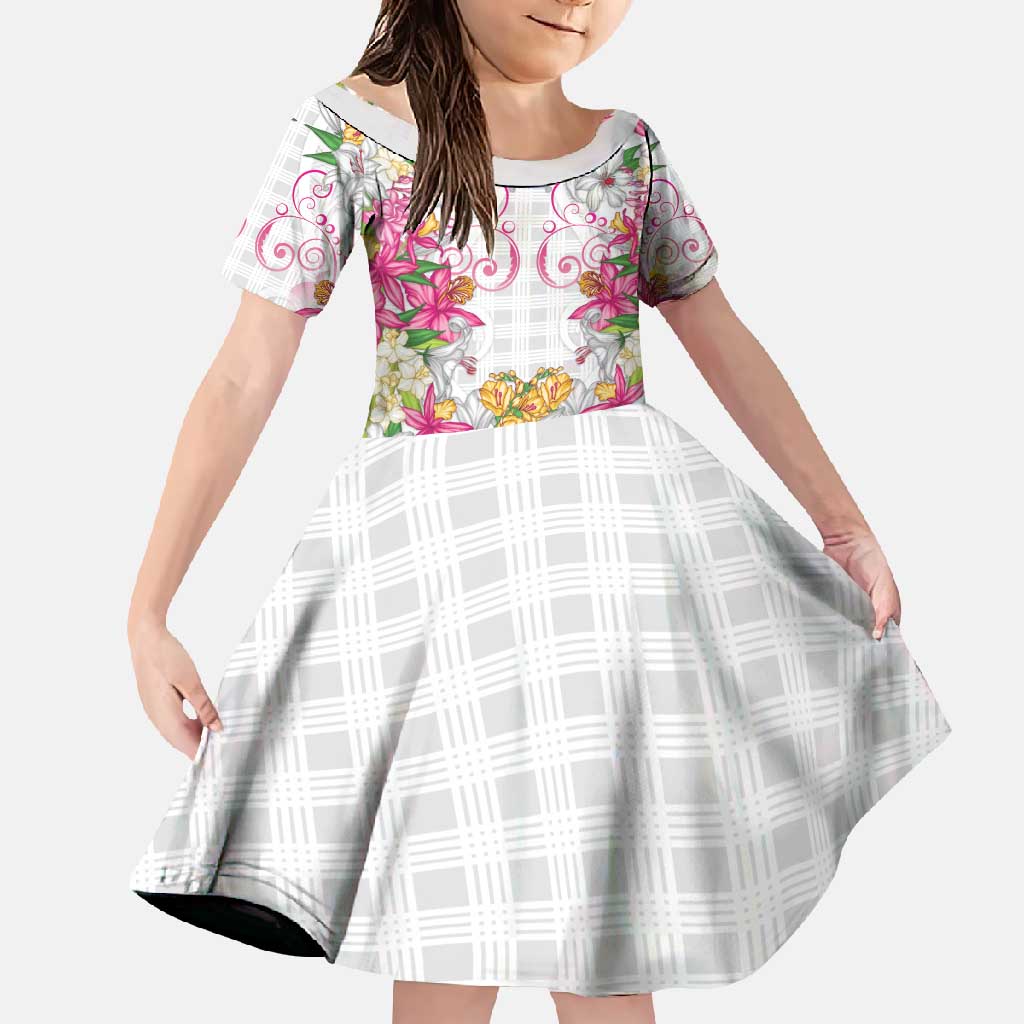 Hawaii Palaka Family Matching Short Sleeve Bodycon Dress and Hawaiian Shirt White Tribal Pattern With Tropical Flowers LT05 Daughter's Dress White - Polynesian Pride