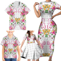 Hawaii Palaka Family Matching Short Sleeve Bodycon Dress and Hawaiian Shirt White Tribal Pattern With Tropical Flowers LT05 - Polynesian Pride