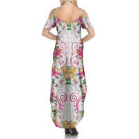 Hawaii Palaka Family Matching Summer Maxi Dress and Hawaiian Shirt White Tribal Pattern With Tropical Flowers LT05 - Polynesian Pride