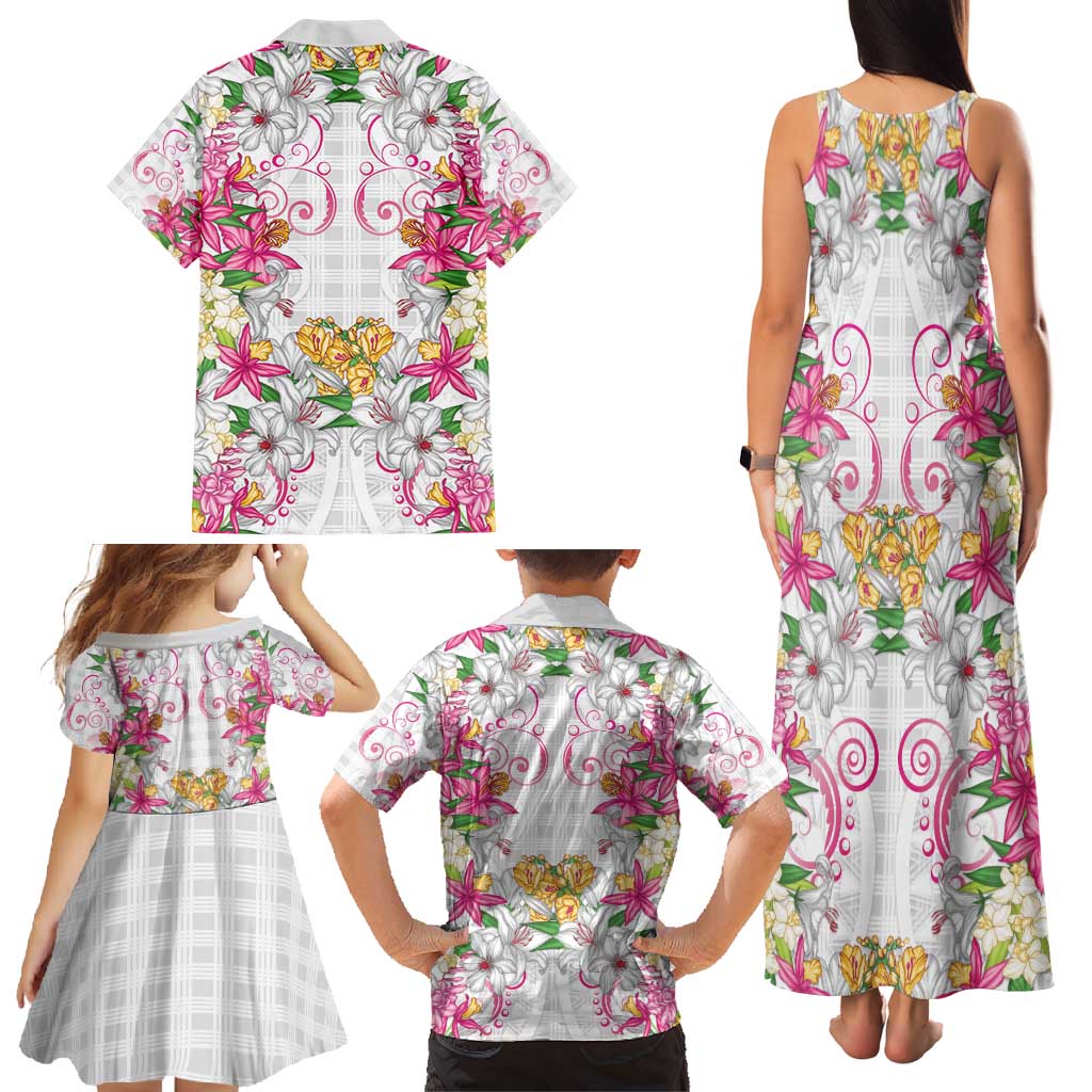 Hawaii Palaka Family Matching Tank Maxi Dress and Hawaiian Shirt White Tribal Pattern With Tropical Flowers LT05 - Polynesian Pride