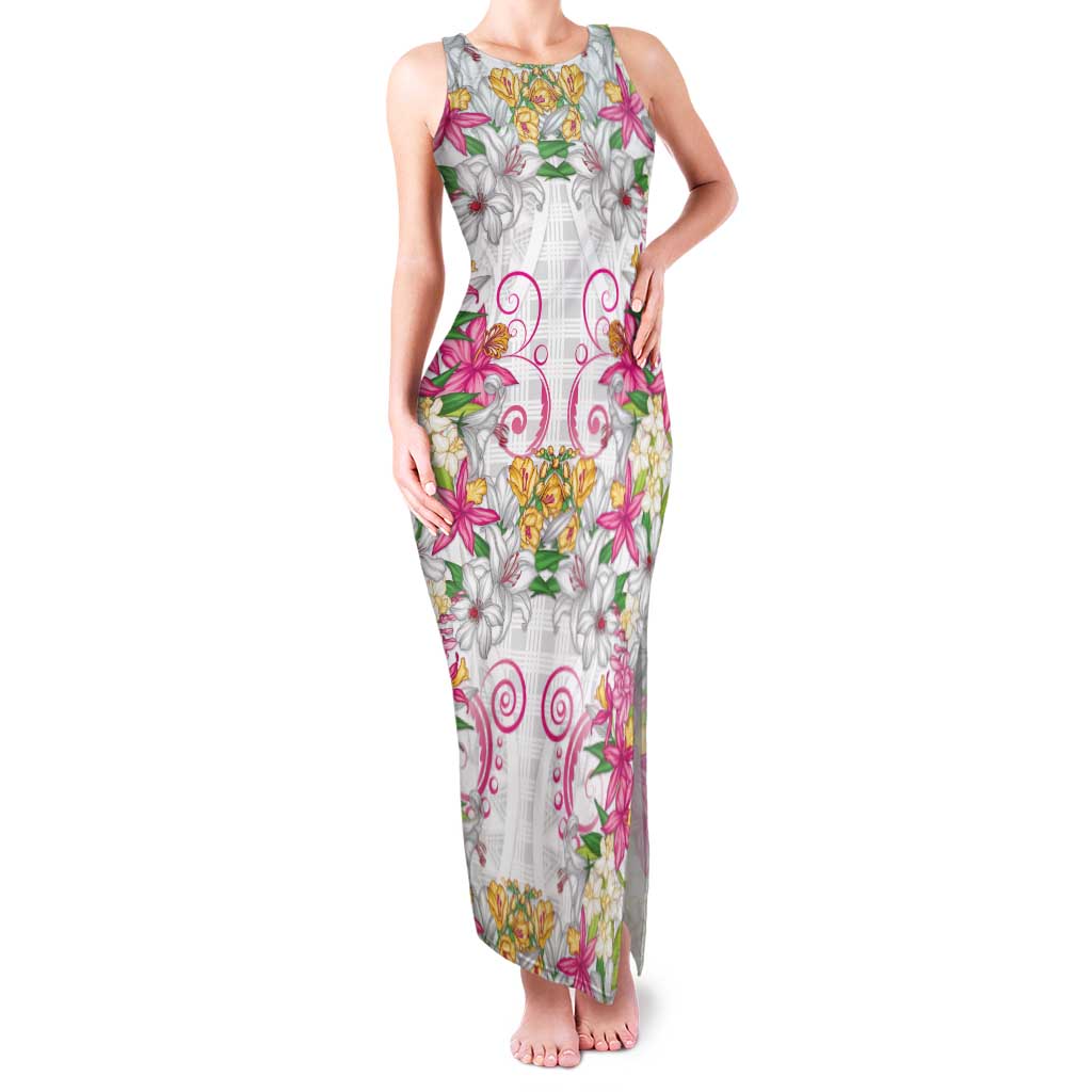 Hawaii Palaka Family Matching Tank Maxi Dress and Hawaiian Shirt White Tribal Pattern With Tropical Flowers LT05 Mom's Dress White - Polynesian Pride