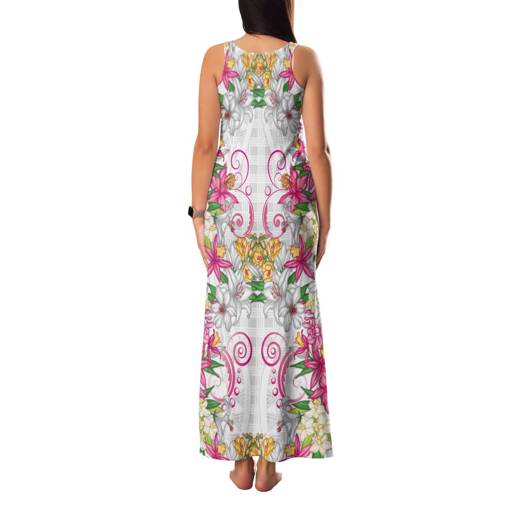 Hawaii Palaka Family Matching Tank Maxi Dress and Hawaiian Shirt White Tribal Pattern With Tropical Flowers LT05 - Polynesian Pride