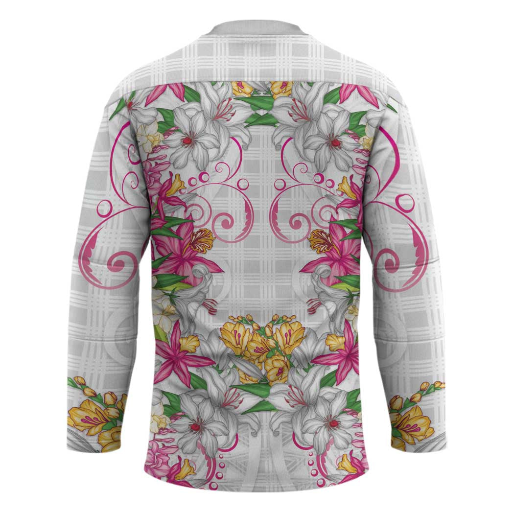 Hawaii Palaka Hockey Jersey White Tribal Pattern With Tropical Flowers LT05 - Polynesian Pride