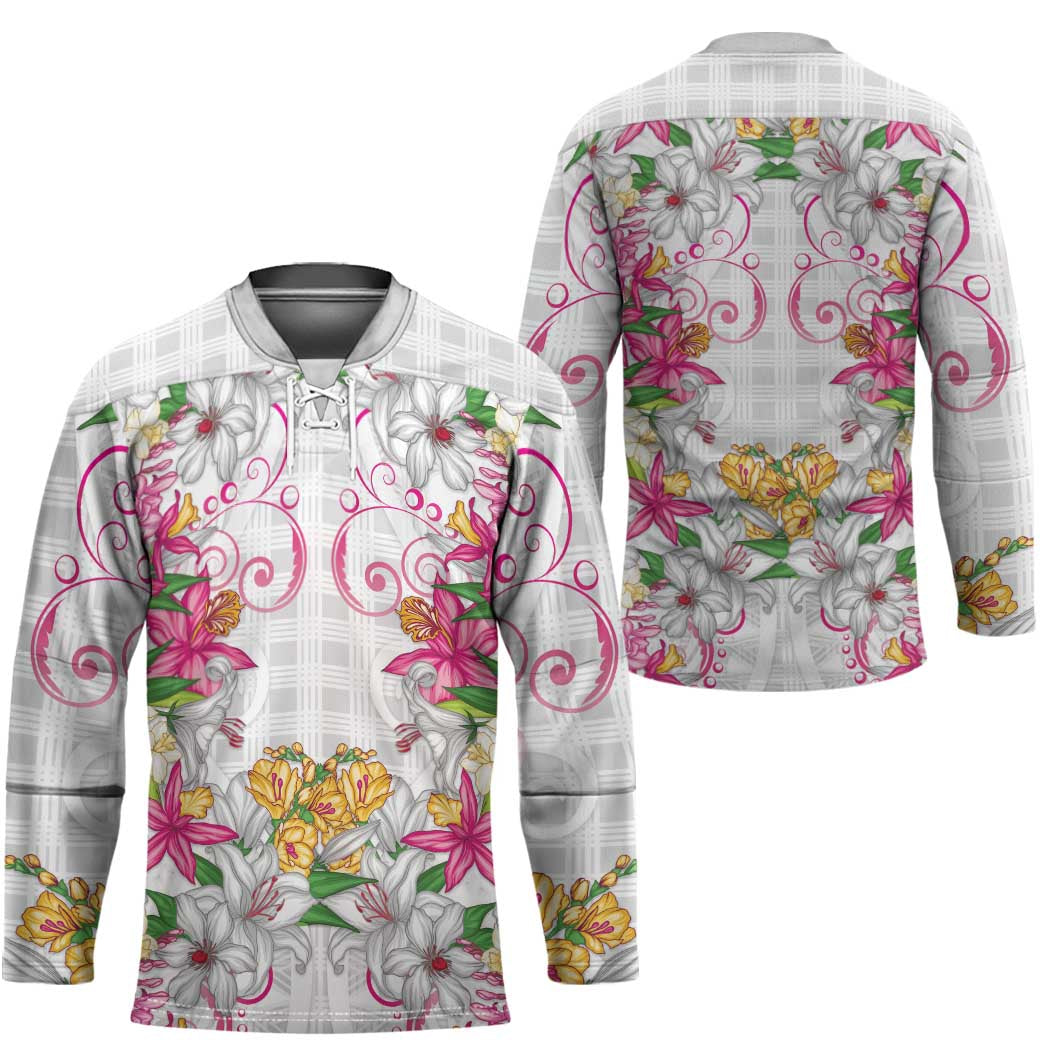 Hawaii Palaka Hockey Jersey White Tribal Pattern With Tropical Flowers LT05 - Polynesian Pride