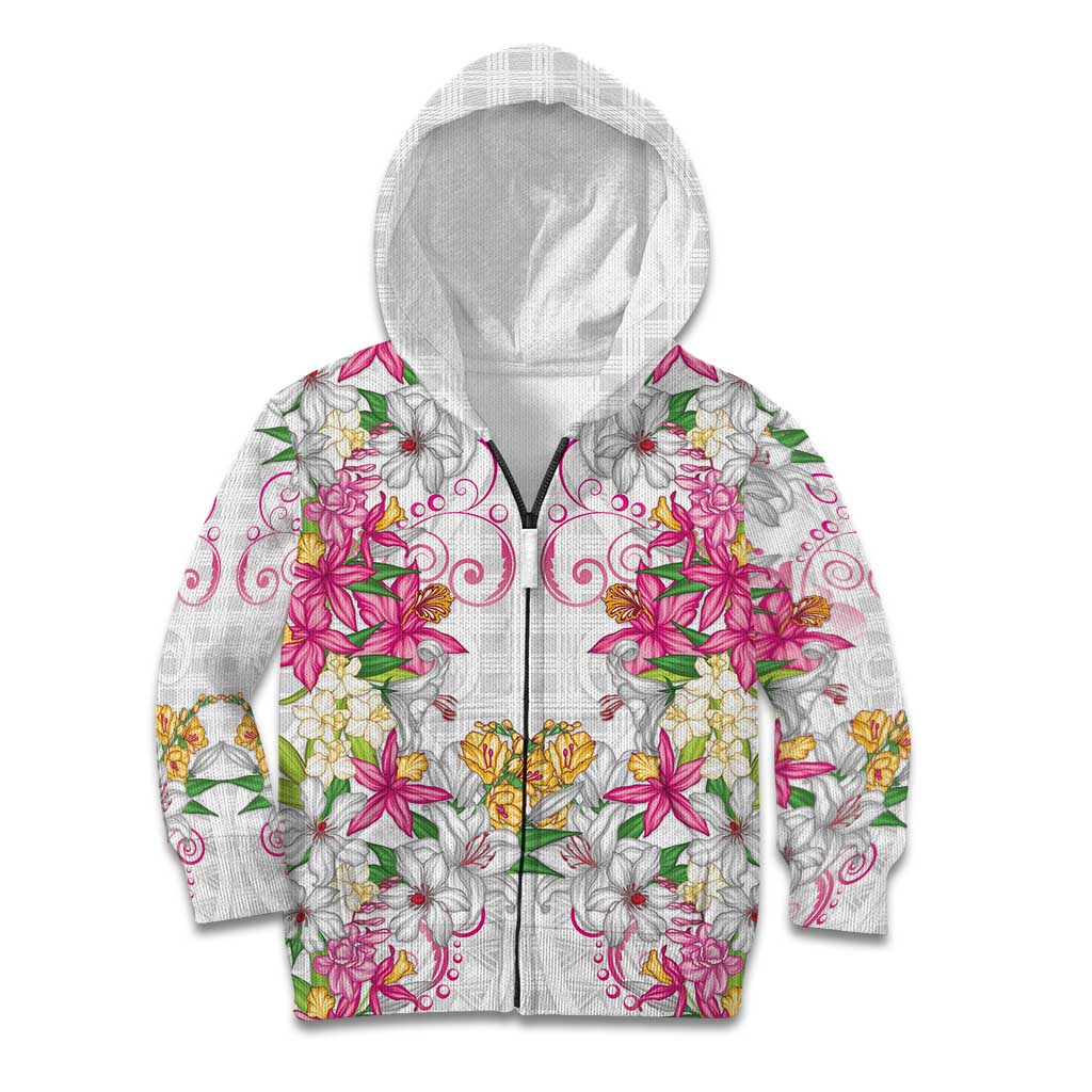 Hawaii Palaka Kid Hoodie White Tribal Pattern With Tropical Flowers LT05 Zip Hoodie White - Polynesian Pride