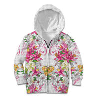 Hawaii Palaka Kid Hoodie White Tribal Pattern With Tropical Flowers LT05 Zip Hoodie White - Polynesian Pride