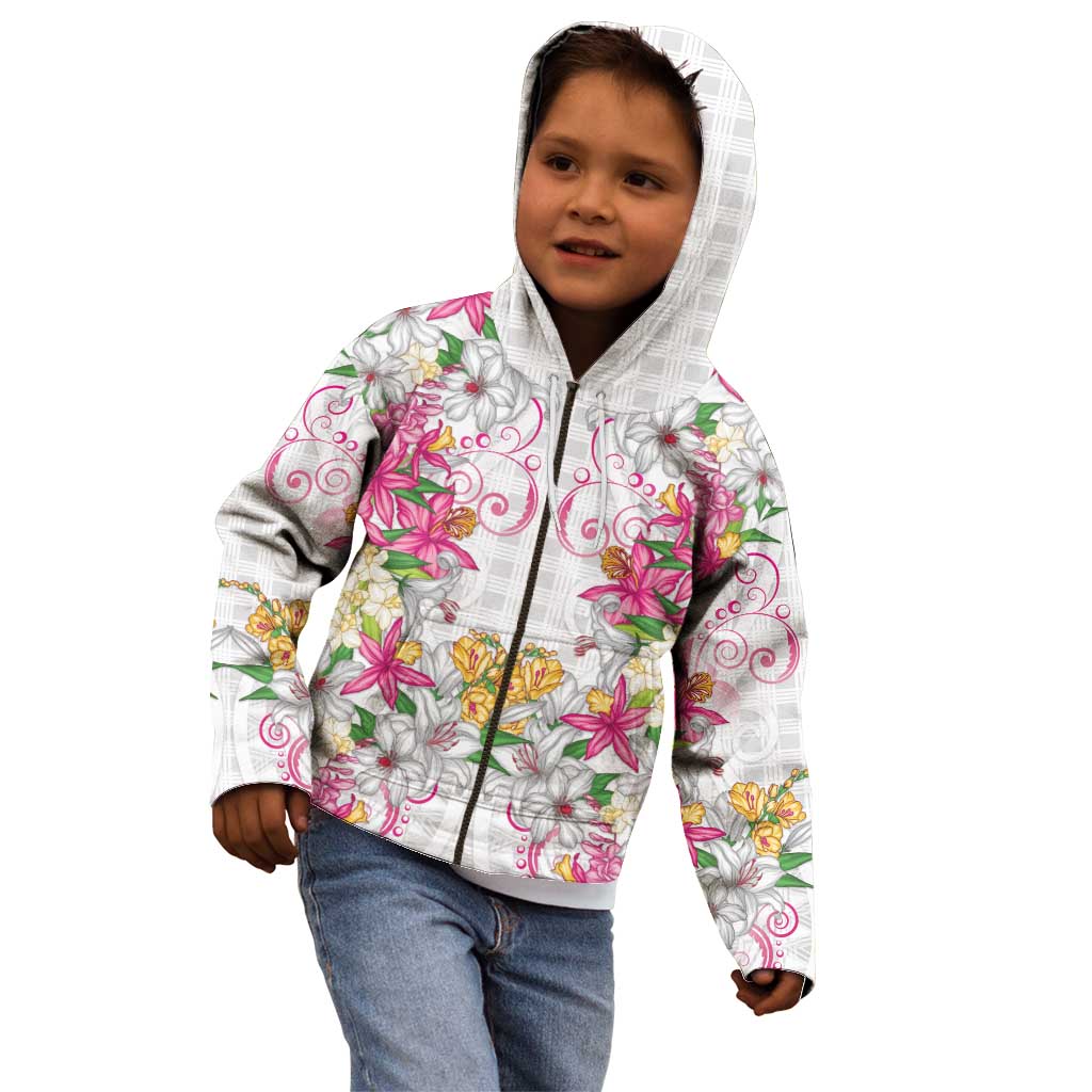 Hawaii Palaka Kid Hoodie White Tribal Pattern With Tropical Flowers LT05 - Polynesian Pride