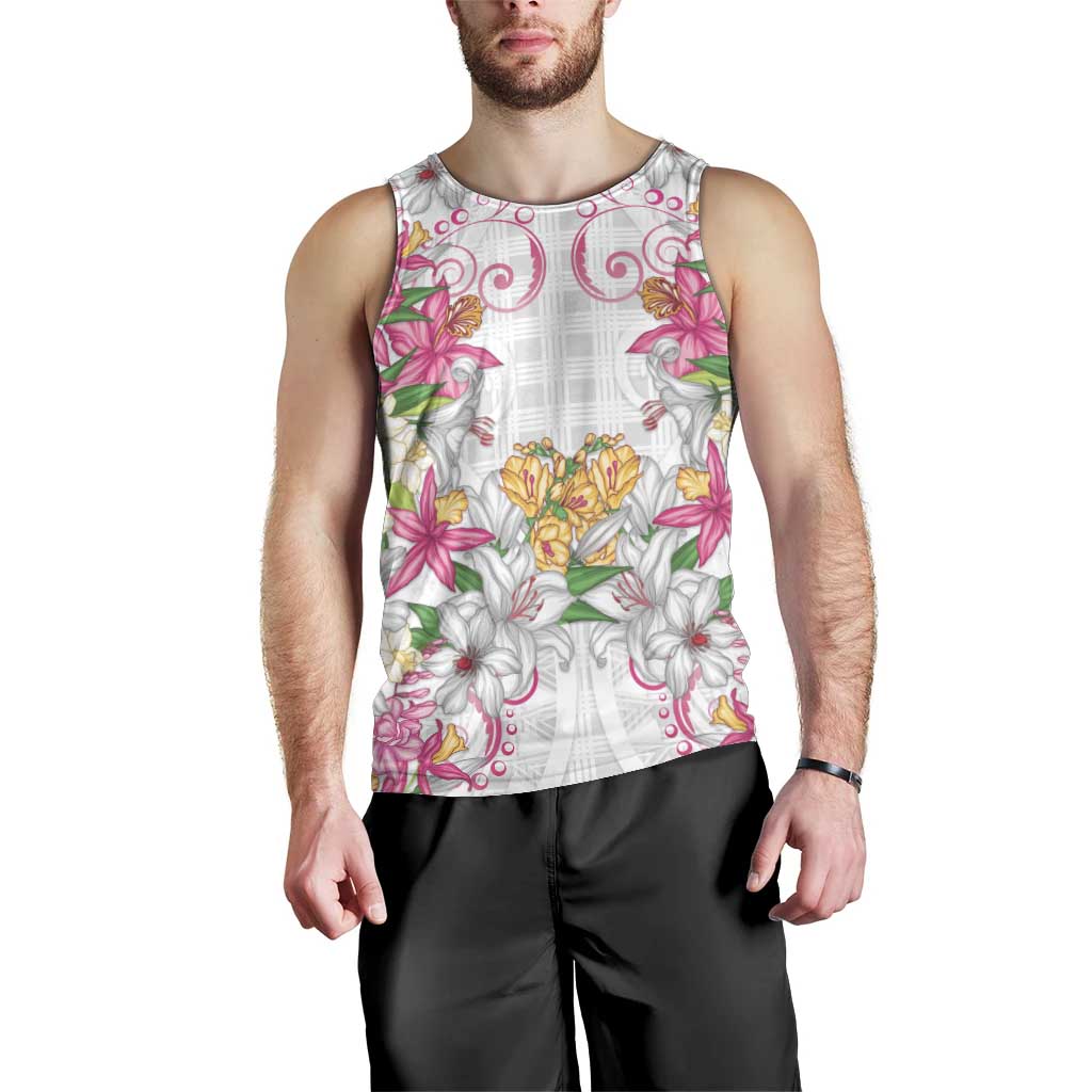 Hawaii Palaka Men Tank Top White Tribal Pattern With Tropical Flowers - Polynesian Pride