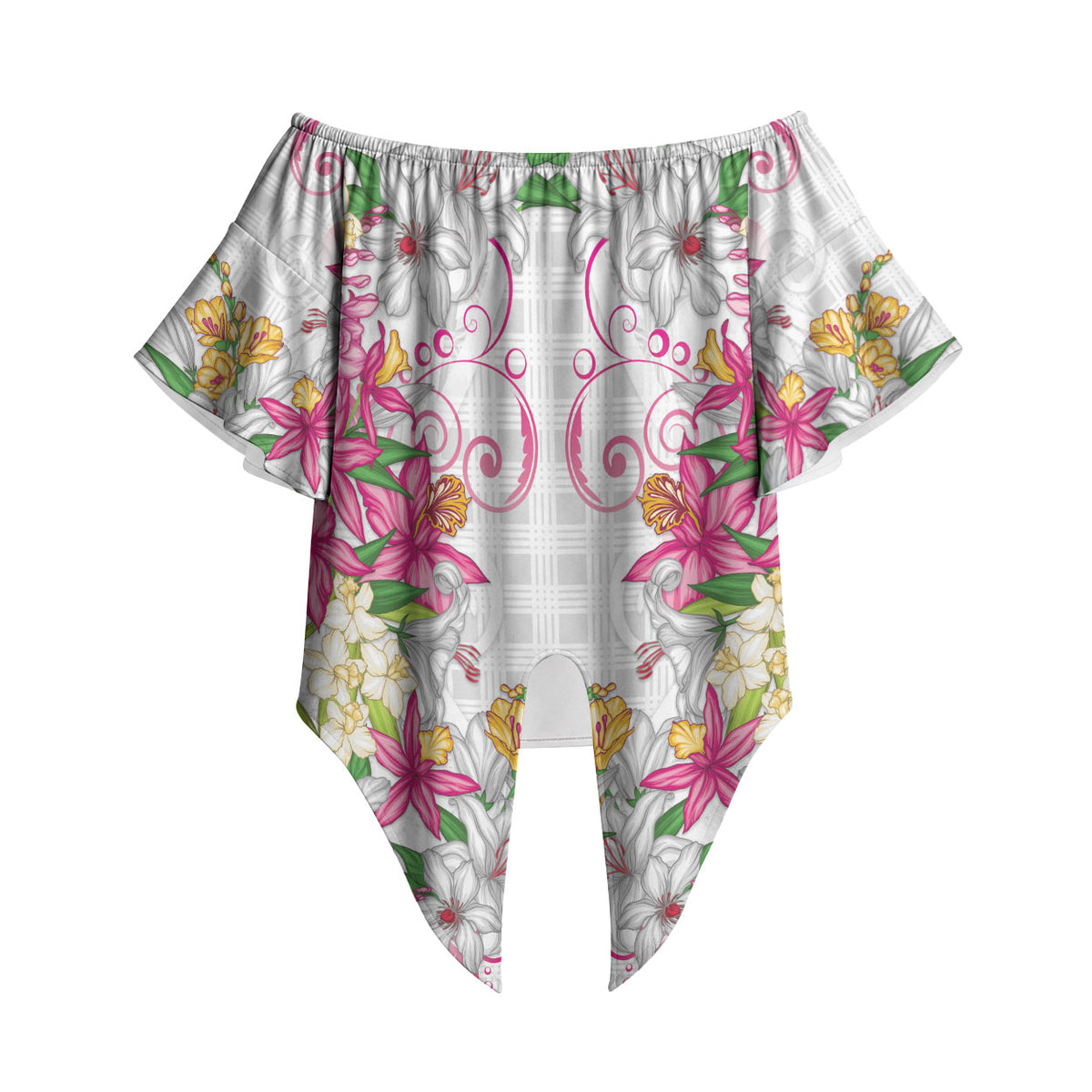 Hawaii Palaka Off Shoulder Wrap Waist Top White Tribal Pattern With Tropical Flowers LT05 White - Polynesian Pride