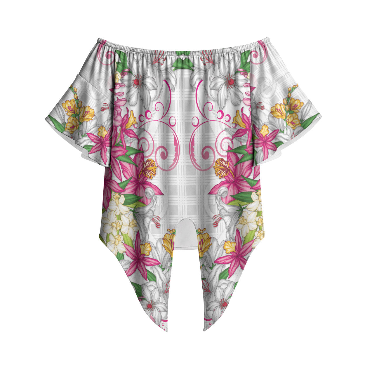Hawaii Palaka Off Shoulder Wrap Waist Top White Tribal Pattern With Tropical Flowers LT05 White - Polynesian Pride