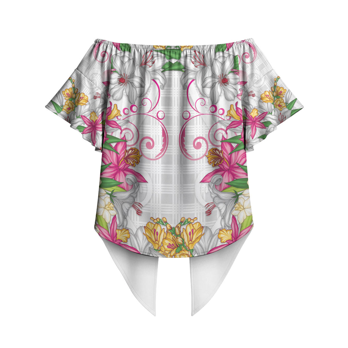Hawaii Palaka Off Shoulder Wrap Waist Top White Tribal Pattern With Tropical Flowers LT05 - Polynesian Pride