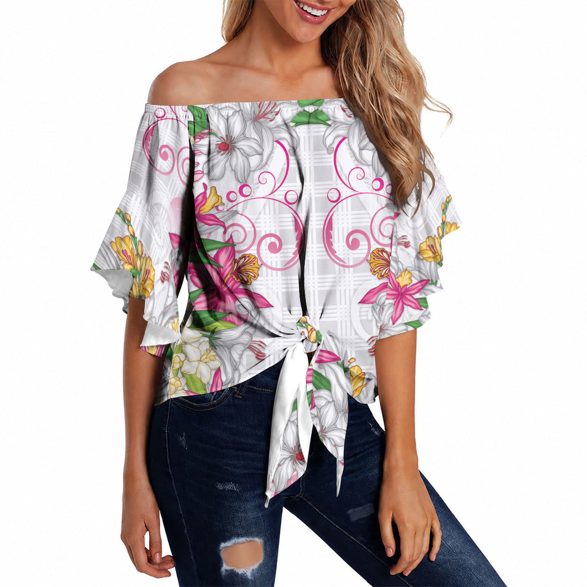Hawaii Palaka Off Shoulder Wrap Waist Top White Tribal Pattern With Tropical Flowers LT05 - Polynesian Pride