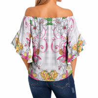 Hawaii Palaka Off Shoulder Wrap Waist Top White Tribal Pattern With Tropical Flowers LT05 - Polynesian Pride
