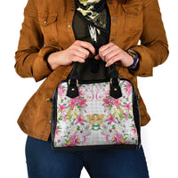 Hawaii Palaka Shoulder Handbag White Tribal Pattern With Tropical Flowers - Polynesian Pride