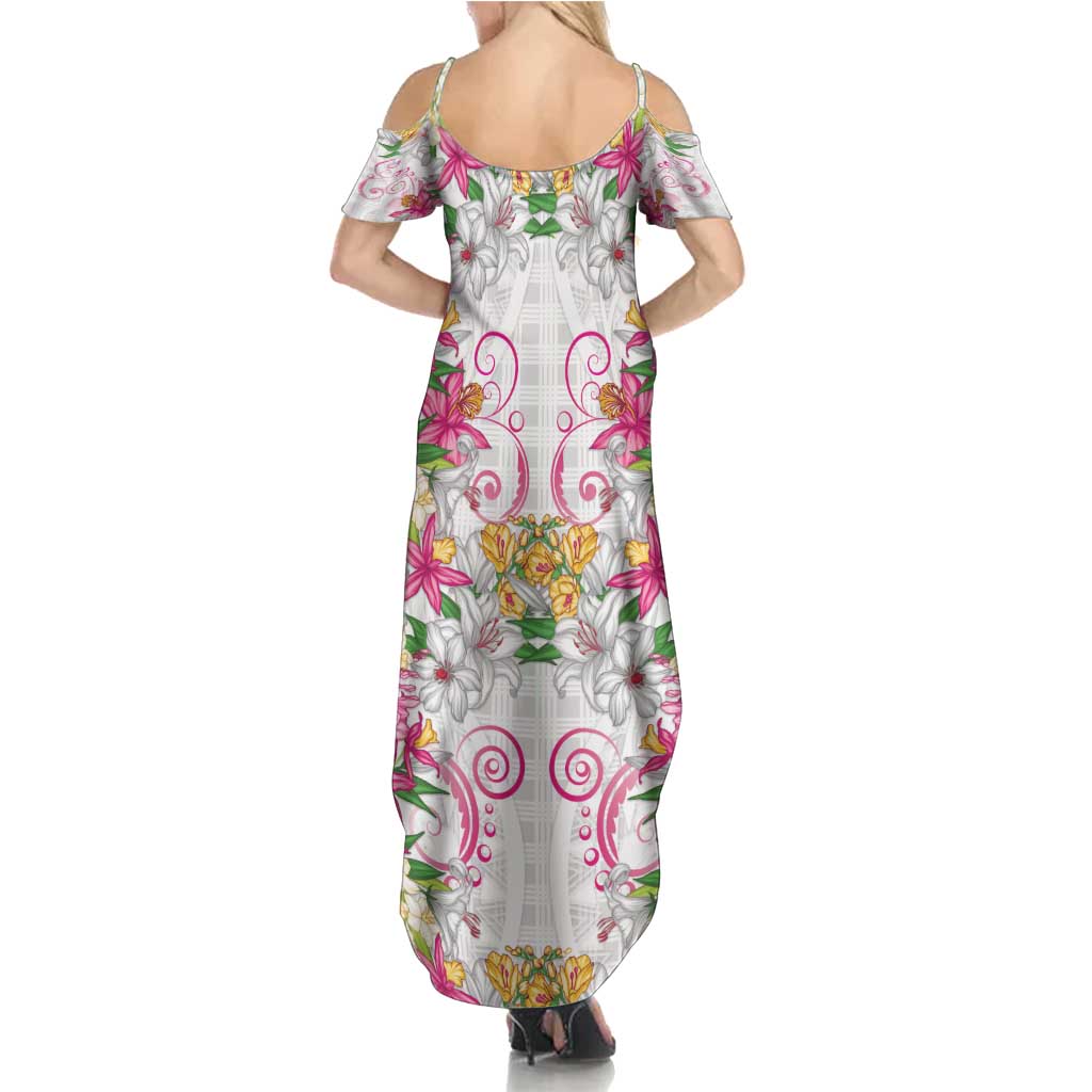 Hawaii Palaka Summer Maxi Dress White Tribal Pattern With Tropical Flowers - Polynesian Pride