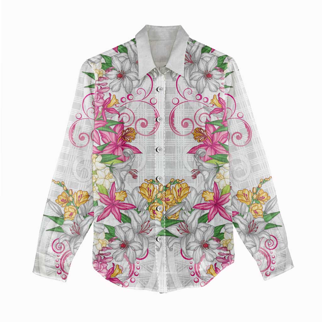 Hawaii Palaka Women Casual Shirt White Tribal Pattern With Tropical Flowers - Polynesian Pride
