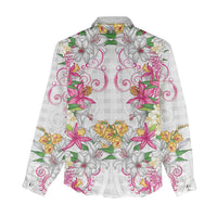 Hawaii Palaka Women Casual Shirt White Tribal Pattern With Tropical Flowers - Polynesian Pride