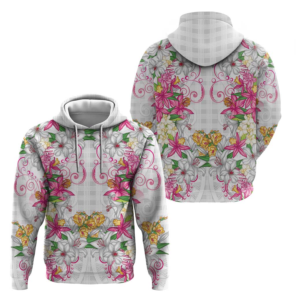 Hawaii Palaka Zip Hoodie White Tribal Pattern With Tropical Flowers - Polynesian Pride