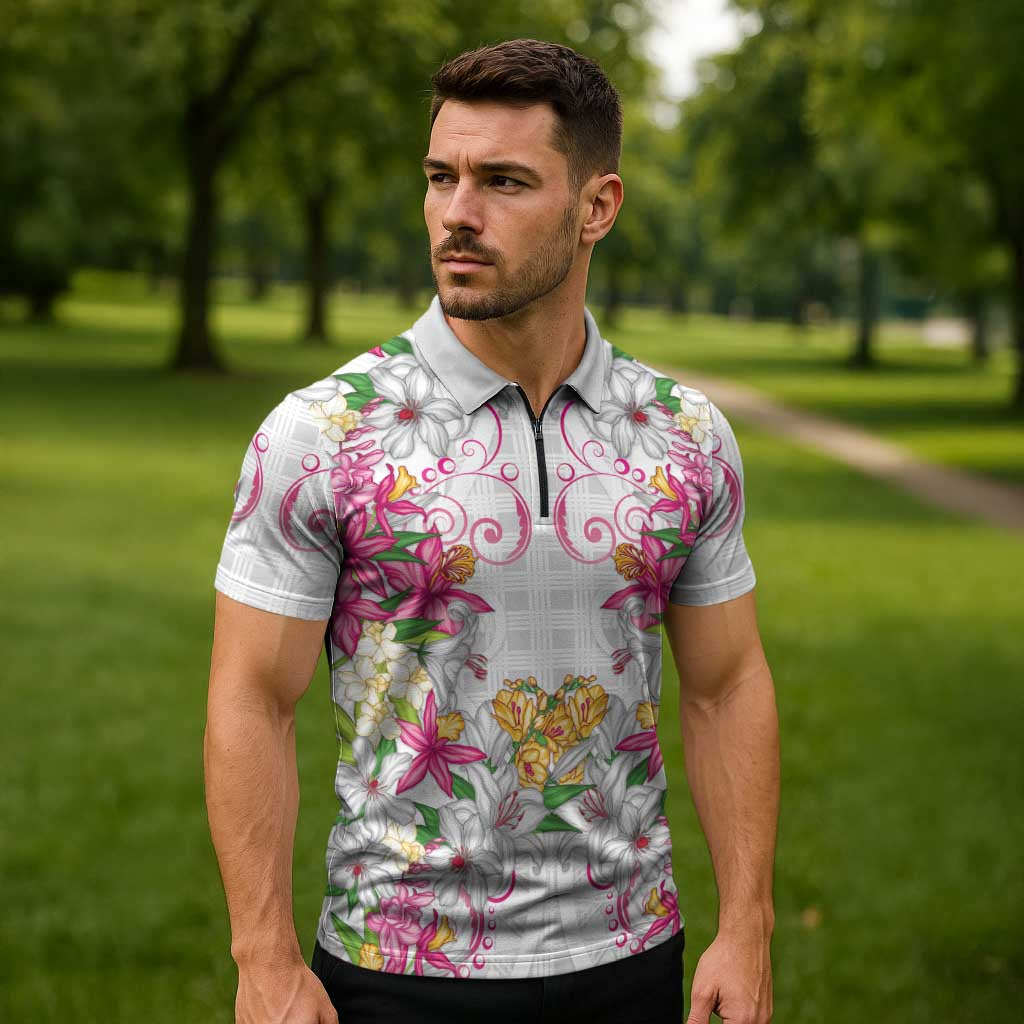 Hawaii Palaka Zipper Polo Shirt White Tribal Pattern With Tropical Flowers - Polynesian Pride