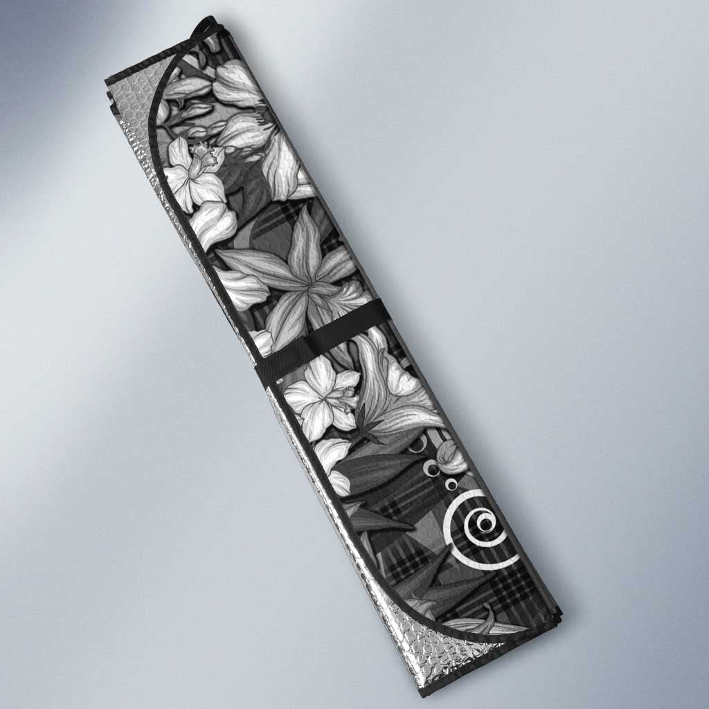 Hawaii Palaka Auto Sun Shade Black Tribal Pattern With Tropical Flowers - Polynesian Pride