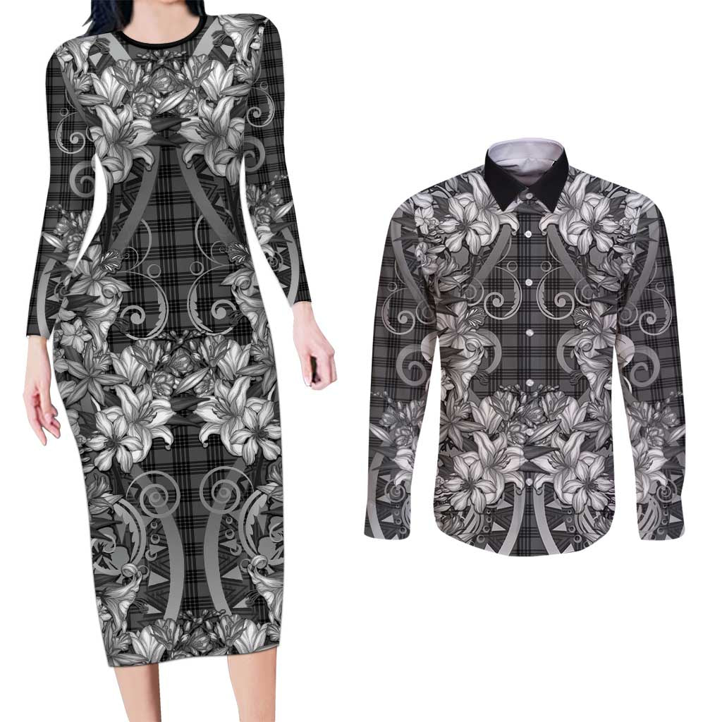Hawaii Palaka Couples Matching Long Sleeve Bodycon Dress and Long Sleeve Button Shirt Black Tribal Pattern With Tropical Flowers LT05 Black - Polynesian Pride