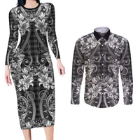 Hawaii Palaka Couples Matching Long Sleeve Bodycon Dress and Long Sleeve Button Shirt Black Tribal Pattern With Tropical Flowers LT05 Black - Polynesian Pride