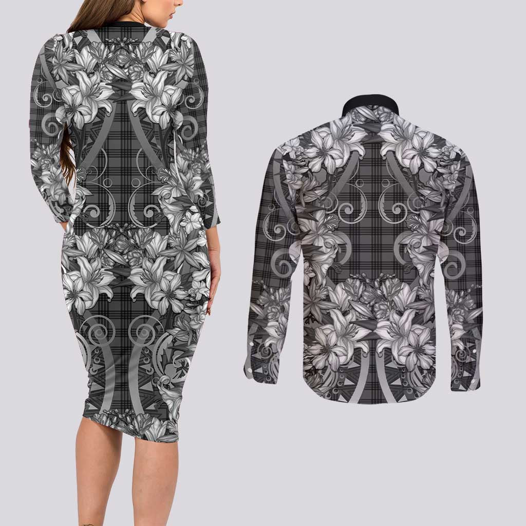 Hawaii Palaka Couples Matching Long Sleeve Bodycon Dress and Long Sleeve Button Shirt Black Tribal Pattern With Tropical Flowers LT05 - Polynesian Pride