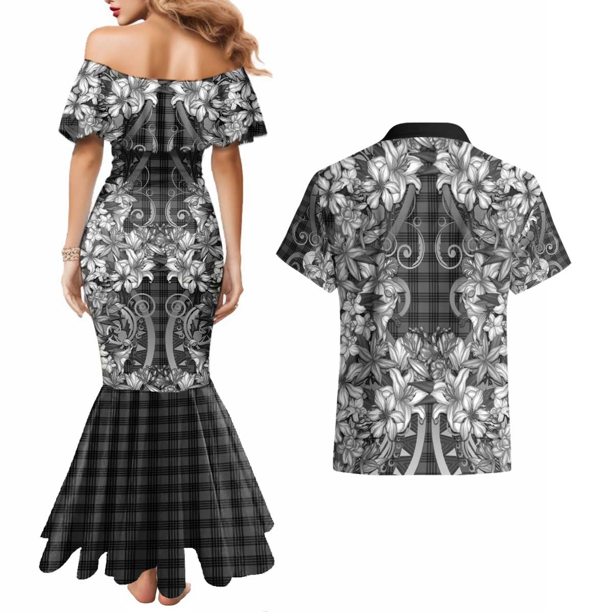 Hawaii Palaka Couples Matching Mermaid Dress and Hawaiian Shirt Black Tribal Pattern With Tropical Flowers LT05 - Polynesian Pride