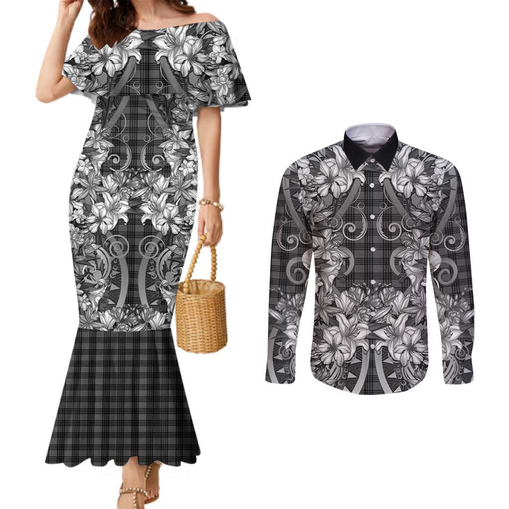Hawaii Palaka Couples Matching Mermaid Dress and Long Sleeve Button Shirt Black Tribal Pattern With Tropical Flowers LT05 Black - Polynesian Pride
