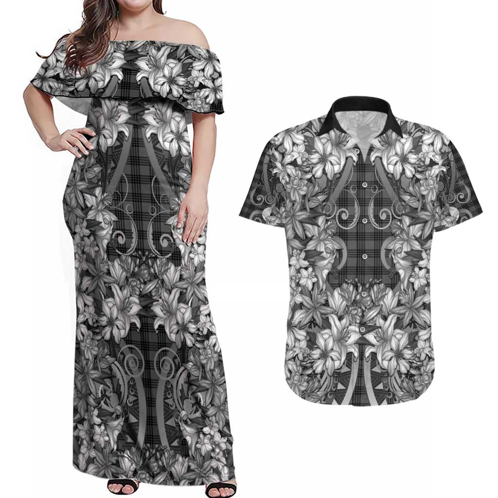 Hawaii Palaka Couples Matching Off Shoulder Maxi Dress and Hawaiian Shirt Black Tribal Pattern With Tropical Flowers LT05 Black - Polynesian Pride