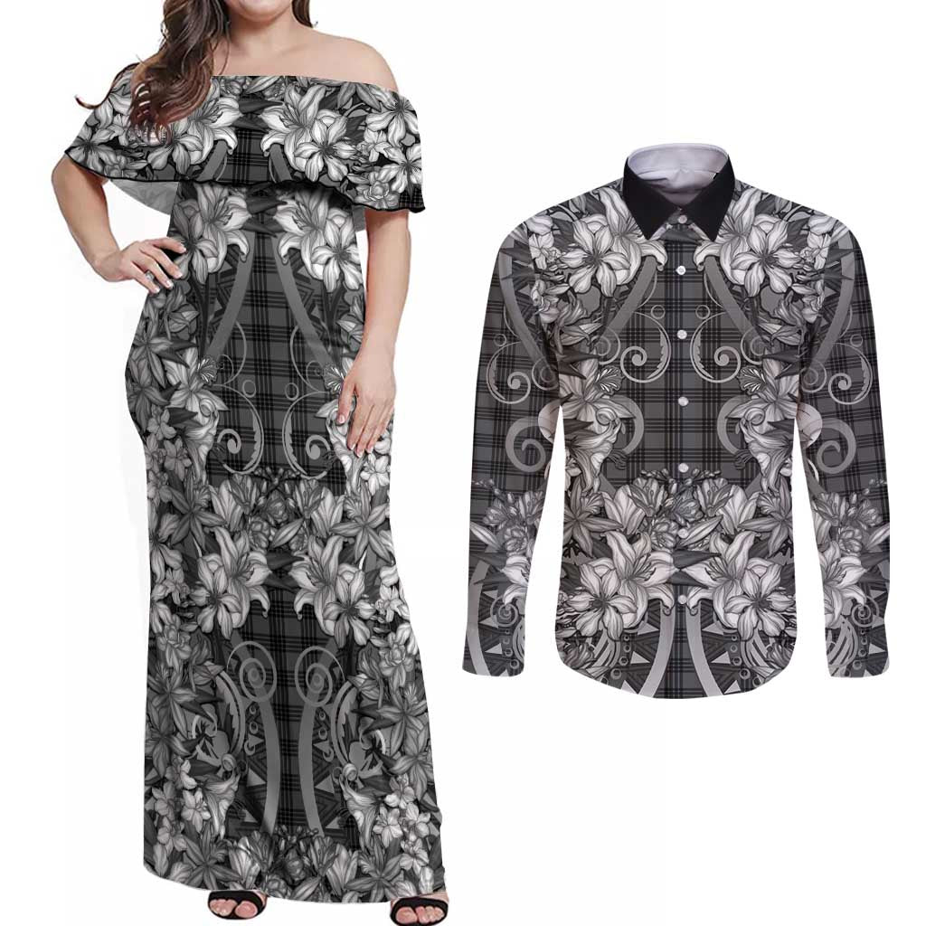 Hawaii Palaka Couples Matching Off Shoulder Maxi Dress and Long Sleeve Button Shirt Black Tribal Pattern With Tropical Flowers LT05 Black - Polynesian Pride