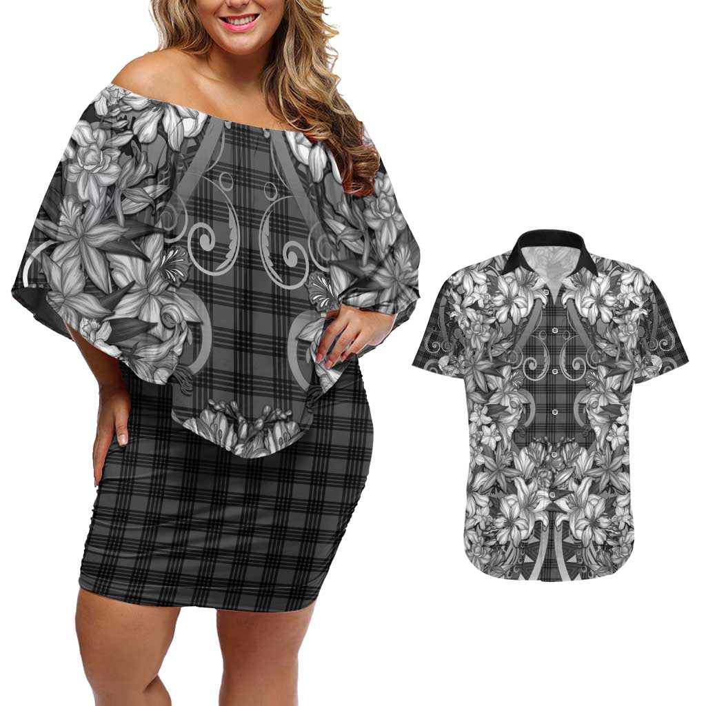 Hawaii Palaka Couples Matching Off Shoulder Short Dress and Hawaiian Shirt Black Tribal Pattern With Tropical Flowers LT05 Black - Polynesian Pride